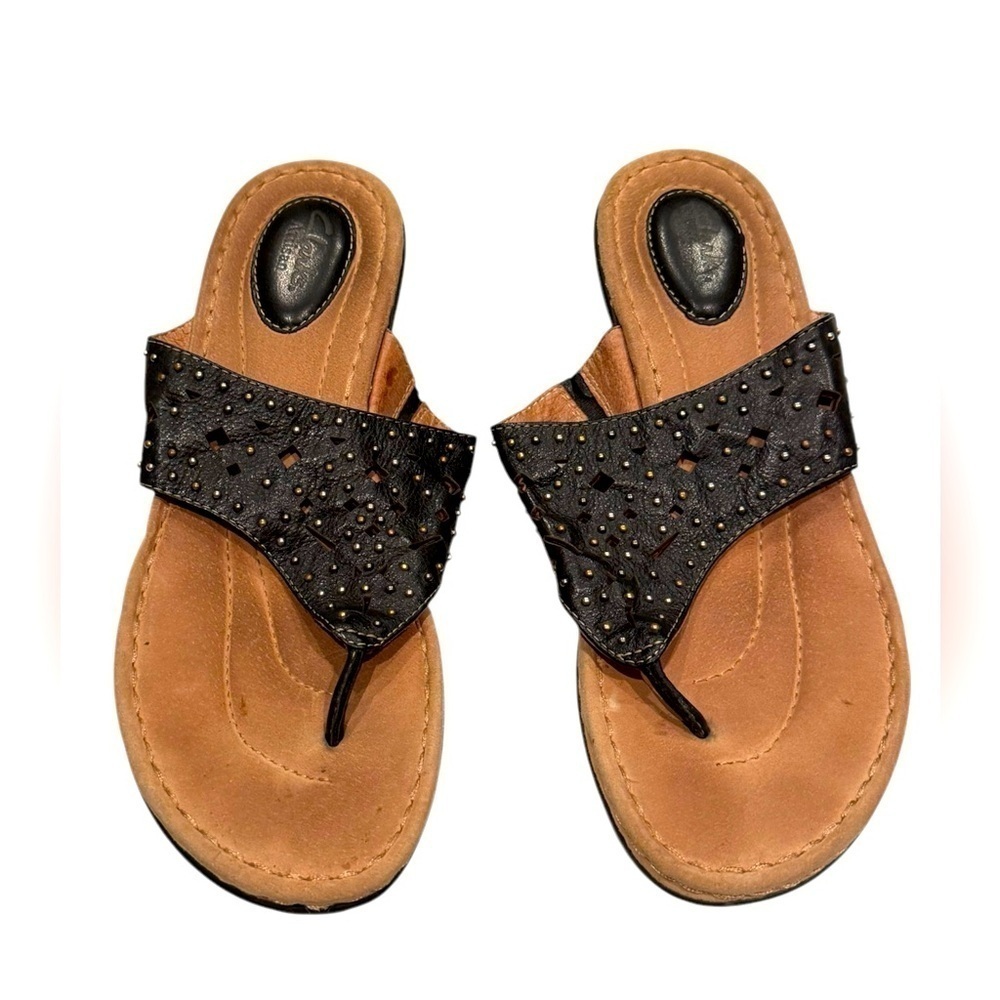 Clarks Artisan Womens Thong Sandals Black Studded Leather Low Heel Slip On 12